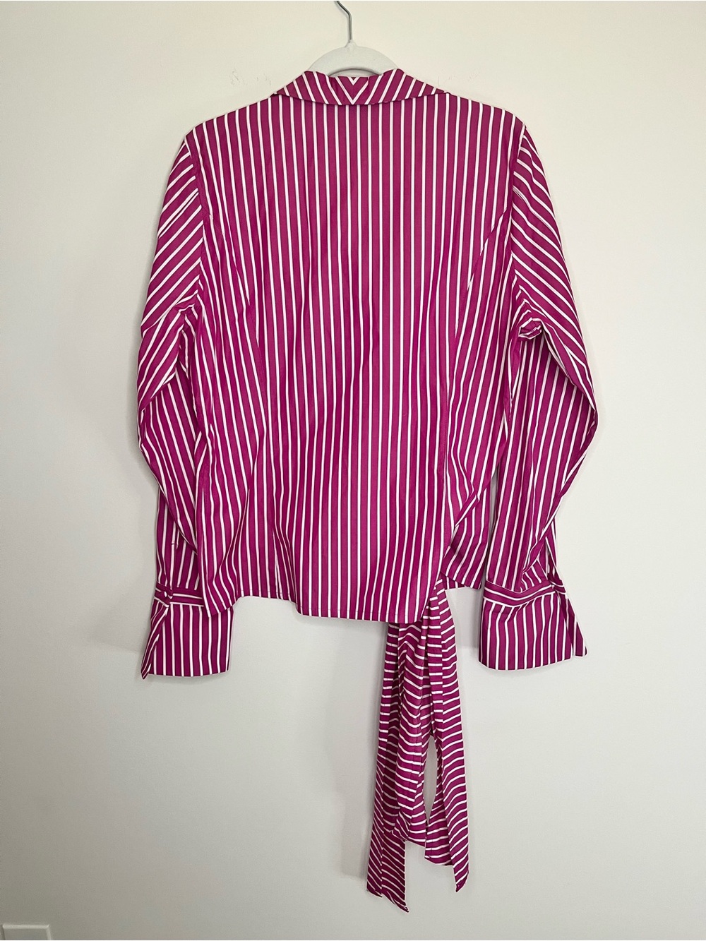 J. Peterman Pink White Stripe Shawl Collar Wrap Blouse Tie Waist Sz 16 Coastal - Picture 8 of 13